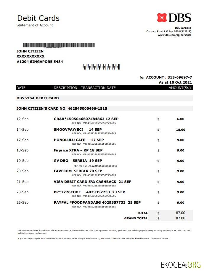 Singapour DBS Bank excel pdf